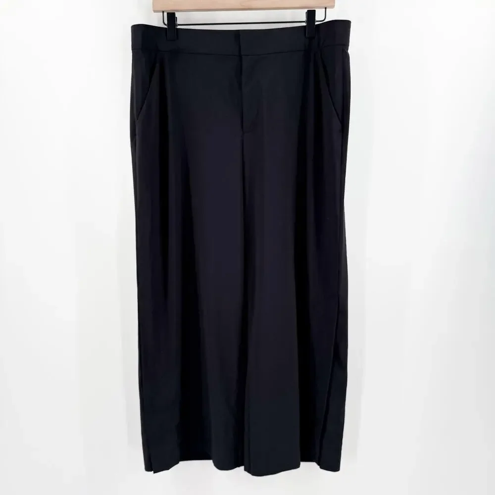 ATHLETA Pants SZ 12 Tribeca Wide Leg Cropped Black Button Hem Black Crop Zipper